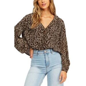 Billabong Floral Ruffle V-Neck Blouse Black Brown Womens Large NEW